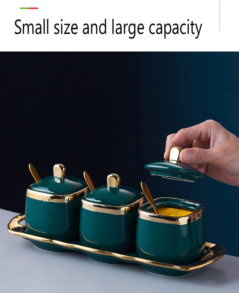 LPY Tarro De CeráMica Per Especias De 3 Piezas Con Tapa, Cuchara Per Servir De Acero Inoxidable, Bandeja De CeráMica, Contenedor De Almacenamiento De Sal, AzúCar Y Pimienta Per Cocina-blue