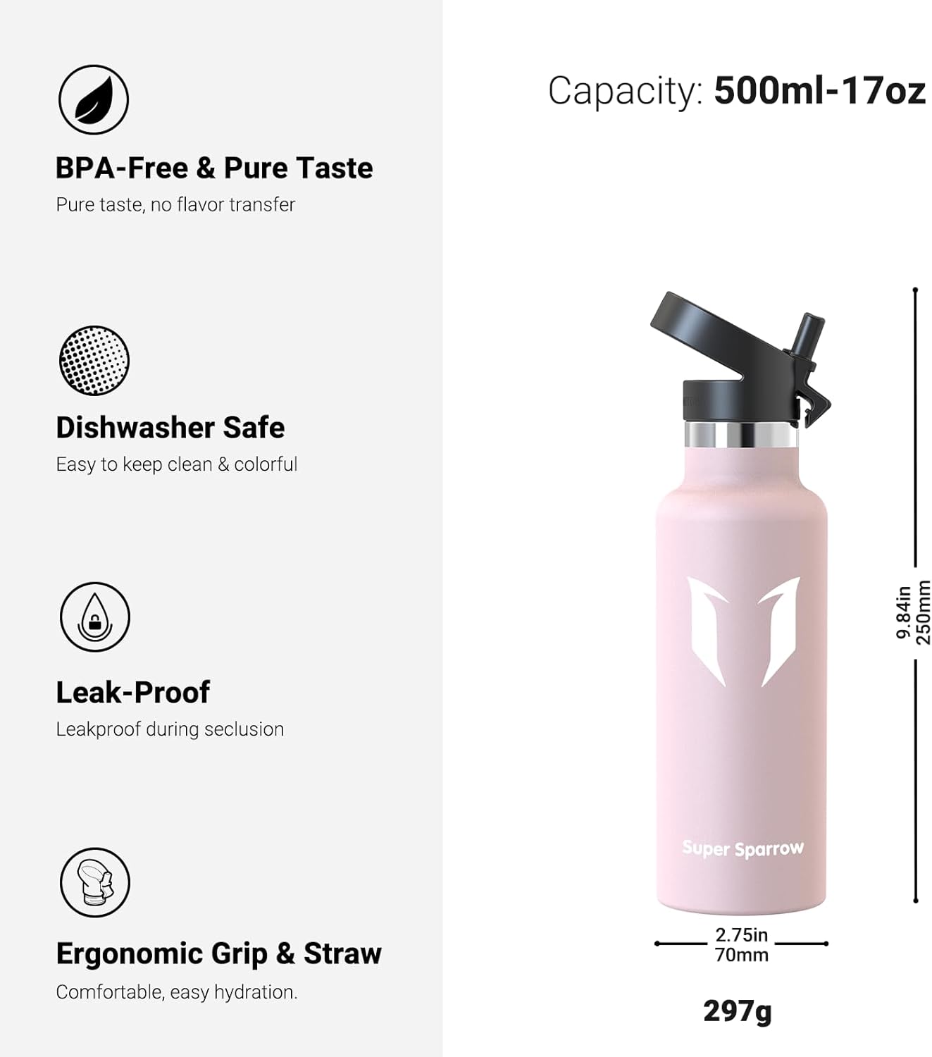 Super Sparrow Water Bottle Insulated - 17 Oz / 25 Oz / 32 Oz - Standard Mouth FlipFlow Flask - BPA Free, Leak Proof Drink Bottle- Ergonomic Straw Water Bottle for Work, Gym, Travel, Sports, Outdoor - Image 3