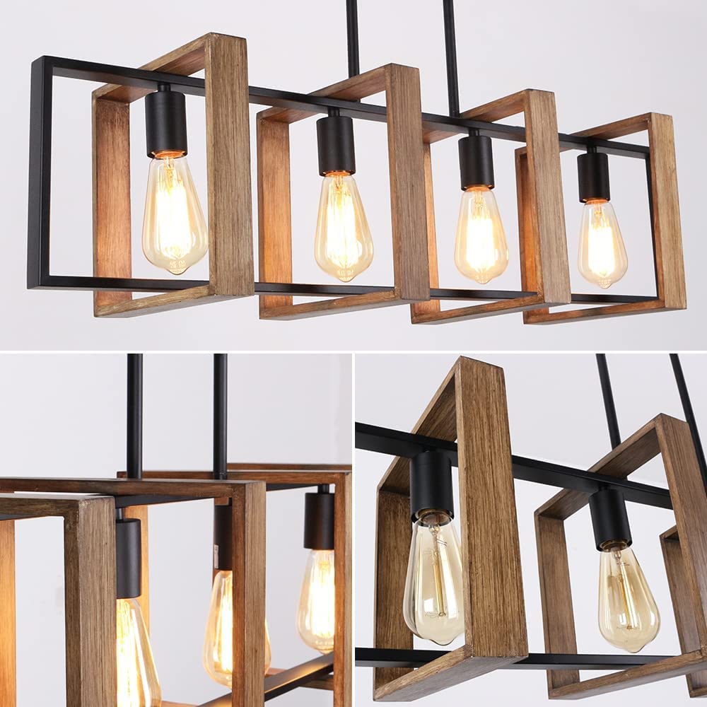 Iluminación de isla de cocina, 4 lámparas de araña de comedor de granja, iluminación colgante moderna negra, luces de mesa de billar, acabado de madera y metal negro mate (4 cabezales, madera)