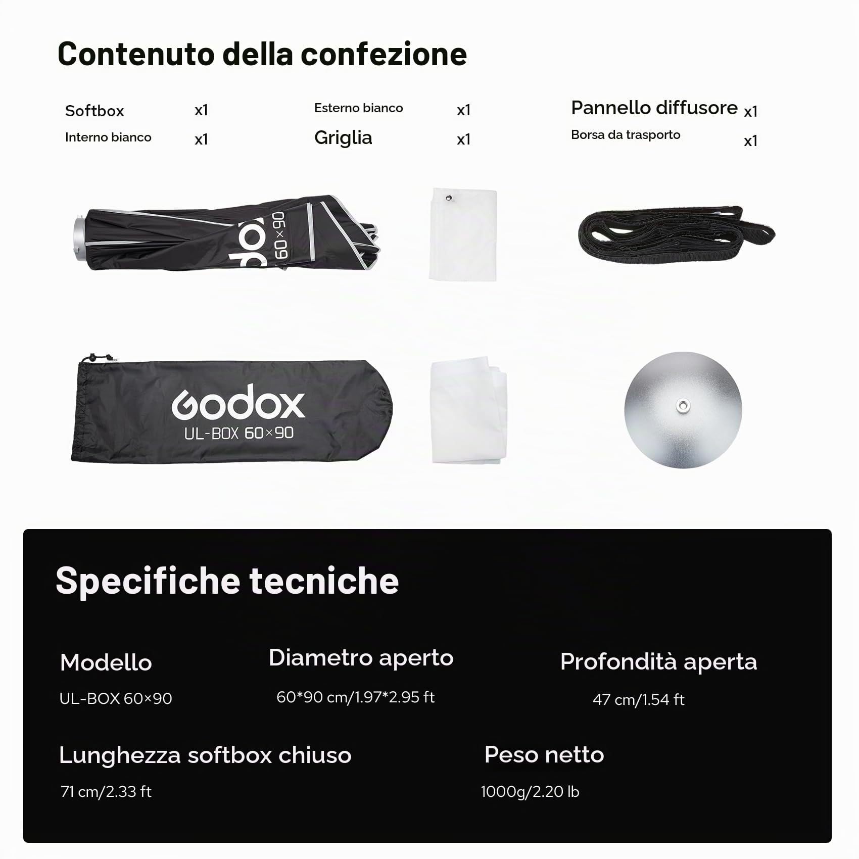 GODOX UL-BOX-60 * 90 Rettangolare Softbox, 60x90cm Soft Box con Griglia | Montaggio e Smontaggio Rapido, Pieghevole, Bowens Mount per Studio Light SL60W SL60IID SL100D SK400III-V MS300-V DP400III-V