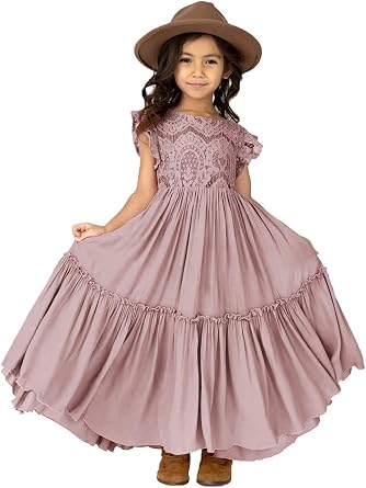 Girls Boho Flower Girls Dress Lace Floral Crew Neck Ruffle Sleeve Swing Wedding Party Maxi Gown