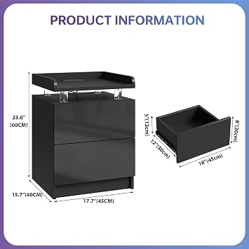 Beside Table with RGB LED Lights, Bedside Cabinet with Charging Station and 2 Drawers, Side Table with USB Ports & Power Outlet, Bed Side Table for Bedroom, Living Room, Black, 1 Pack