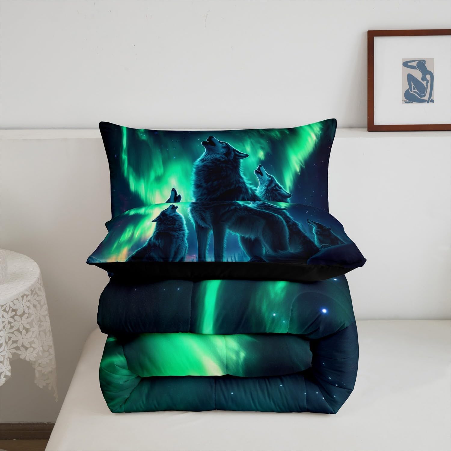 Erosebridal Wolf King Size Comforter Set, Roaring Wolves Wildlife Soft Kids Boys Bedding Sets, Aurora Animals Galaxy Printed Bedding Comforter Sets for Bed, Black Green Mountains Cozy Duvet Insert