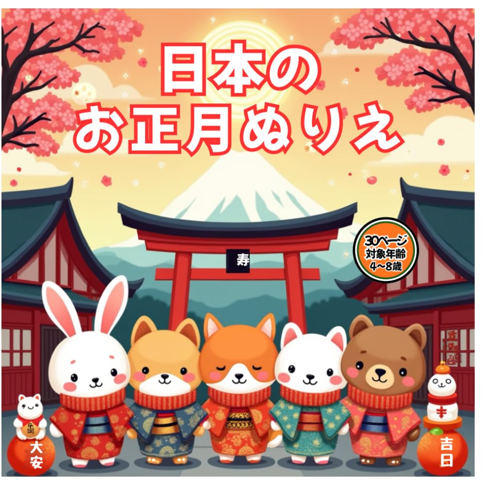 かわいいお正月ぬりえ: お正月ぬりえ（富士山・もち・縁起物・飾り）キッズ向け (わくわくきらきらぬりえ)