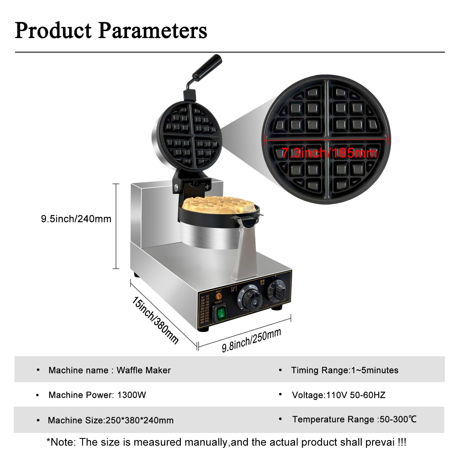 Commercial Waffle Maker, Professional Belgian Waffle Maker Round Waffle Iron Non-Stick 180° rotary Waffle Iron Machine With Temp and Time Control, for Restaurant Bakeries Kitchen Home 110V 1300W
