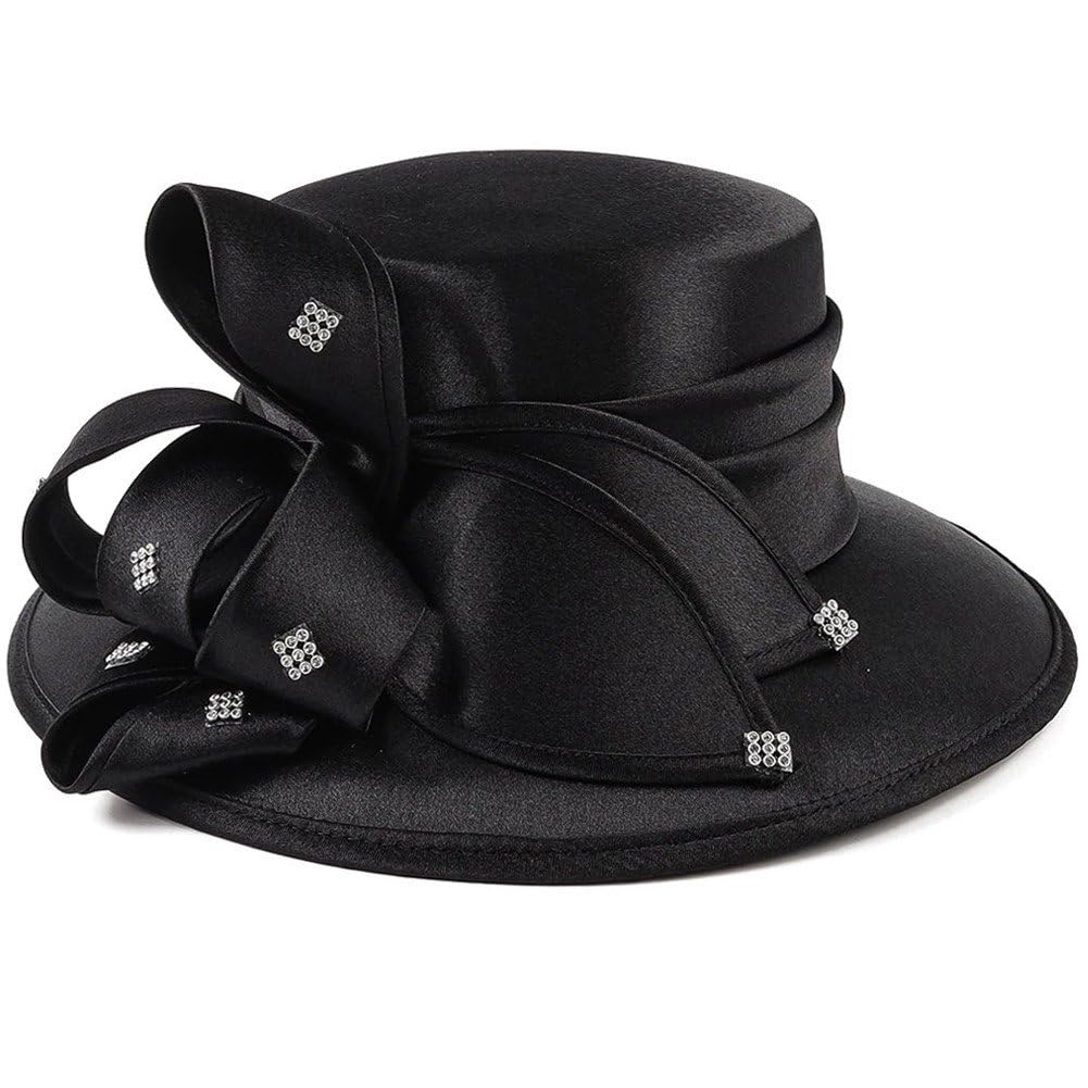 Sanfly Satin Cloth Church Hat Women Wide Brim Hat Elegant Wedding Photography Hat Female Banquet Fancy Fascinator Formal Hat