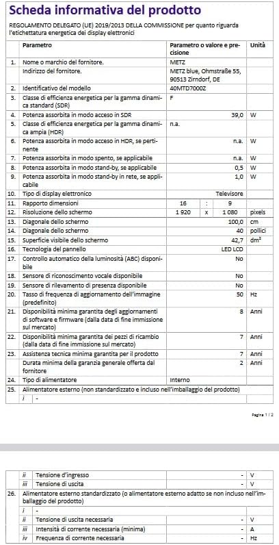 Detailed product information sheet for Metz MTD7000Z TV.