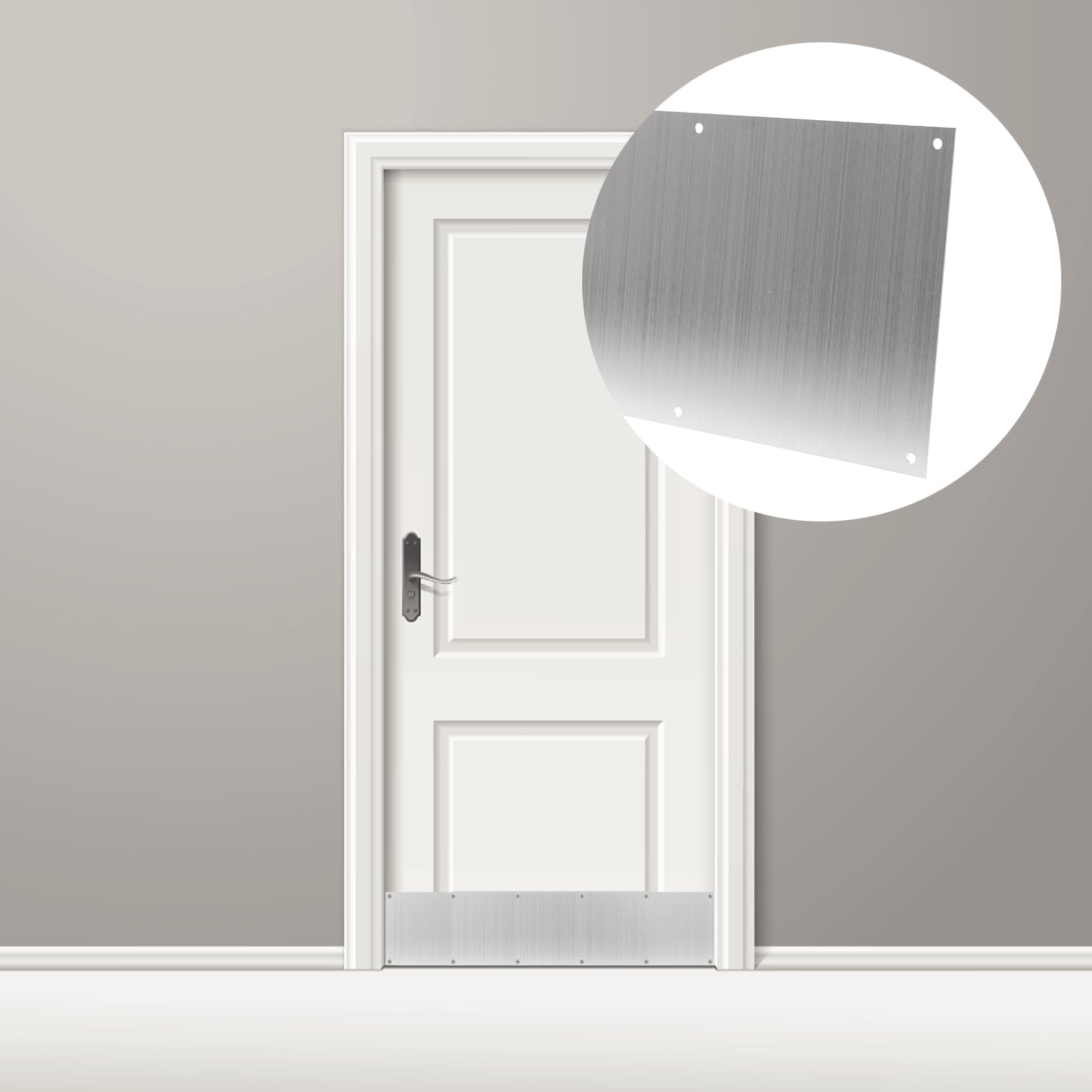 2 placas plateadas para puertas exteriores, adecuadas para placas de puerta de 36 x 8 pulgadas, placas de aluminio con tornillos para puertas interiores y exteriores para evitar que la puerta