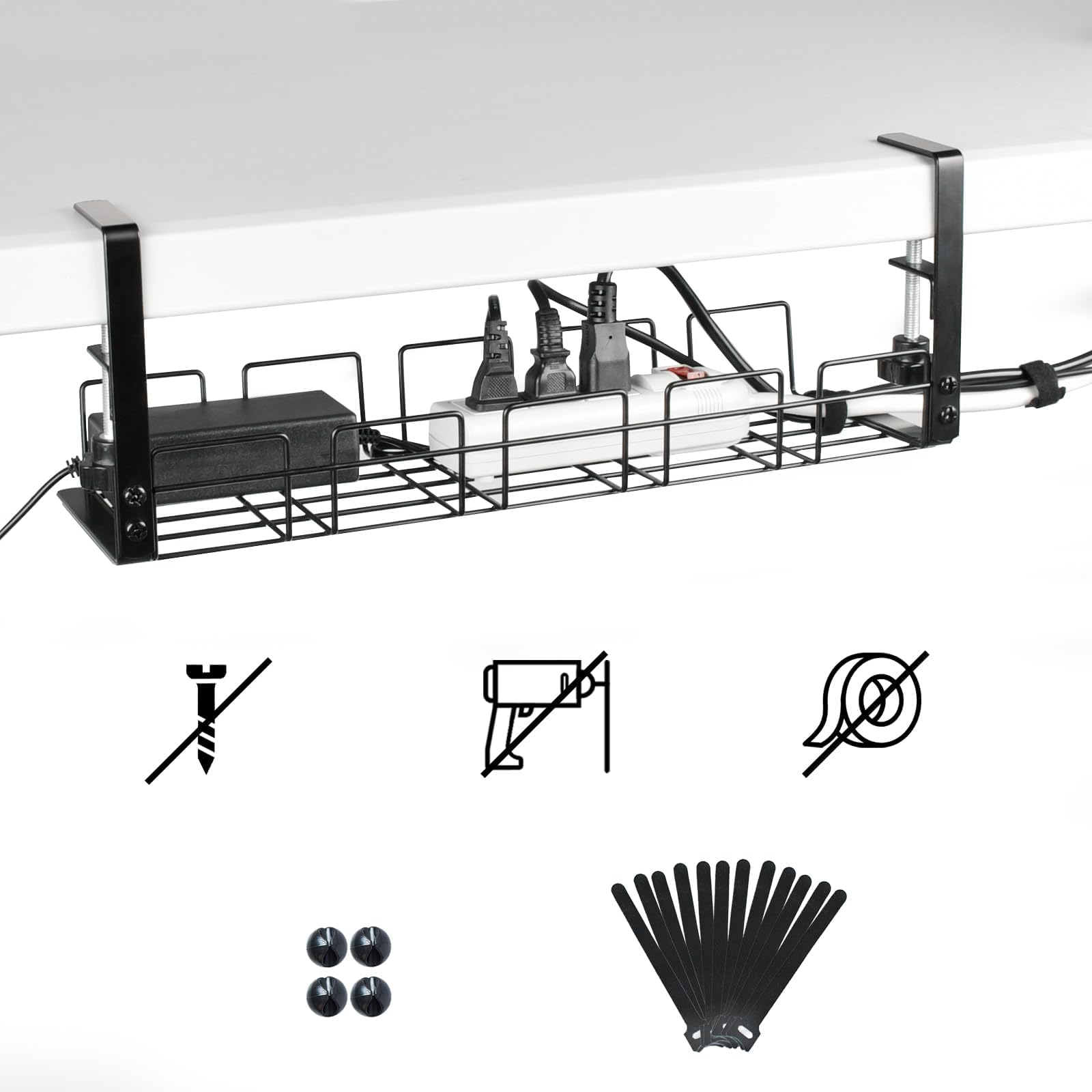 Kabelmanagementablage für den Schreibtisch, 40 cm lang, 13 cm breit, Stahlschnur-Organizer-Set, 4 Kabelhalter, 12 Rollen Kabel-Organizer-Riemen, kein Bohren, keine Beschädigung des Schreibtischs