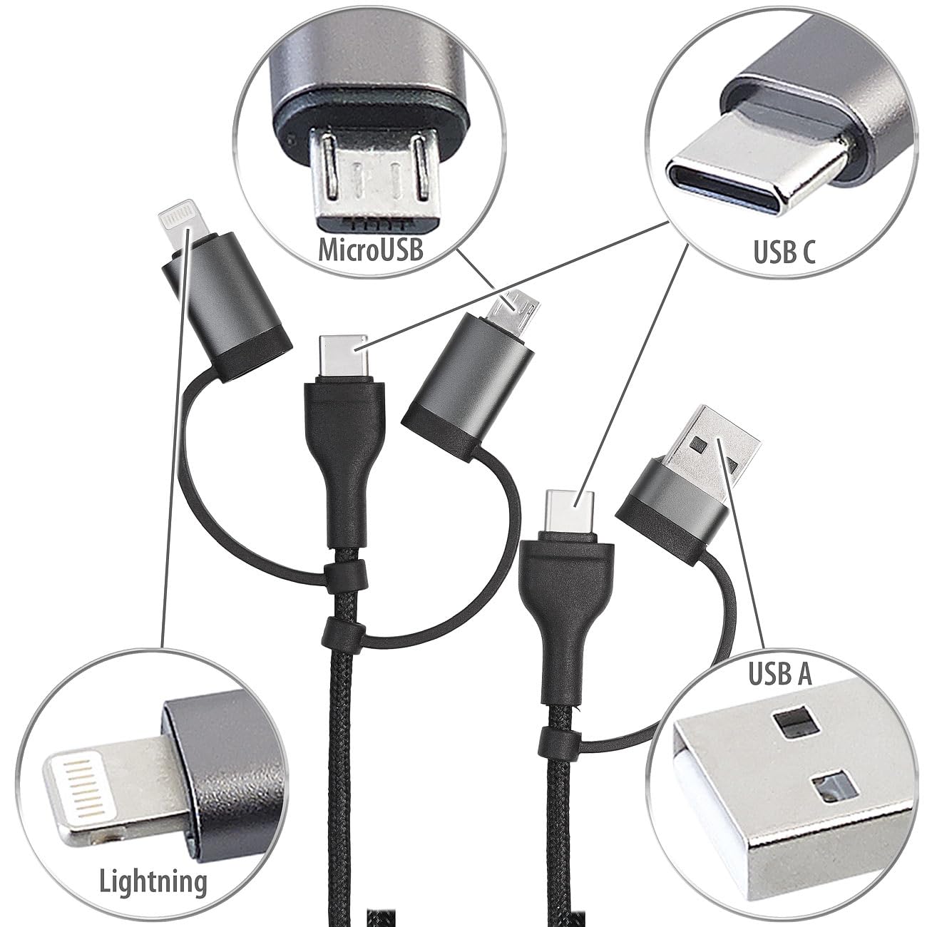 Callstel 6in1 Ladekabel – USB-A/C Zu USB-C/Micro-USB/Lightning, 120 Cm, 3A, Mit Textilummantelung