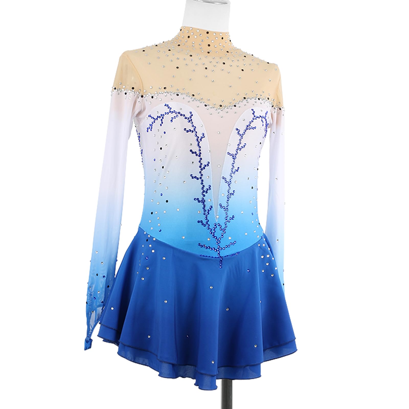 Vestido de Patinaje artístico, Cuello Alto con Diamantes de imitación degradados, Traje de competición, Leotardo de Danza lírica y Gimnasia, Vestido de Patinaje sobre Hielo (Azul XXL)