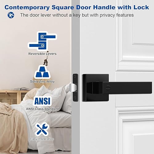 Miniatura 8 de Estmoon Paquete de 5 manijas de puerta negras mate para interiores, mejoras para el hogar, cerradura de puerta de privacidad sin llave, aleación de