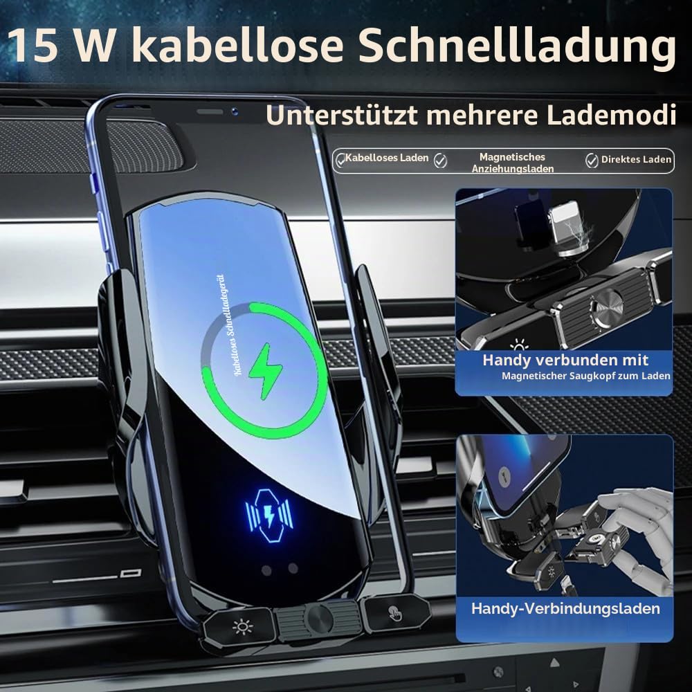 Kabelloses Kfz-Ladegerät, 15 W schnelles Qi-Laden, KFZ-Handyhalterung, Auto-Klemmung, Kfz-Ladegerät, Handyhalterung, passend für iPhone, Android, alle Smartphones