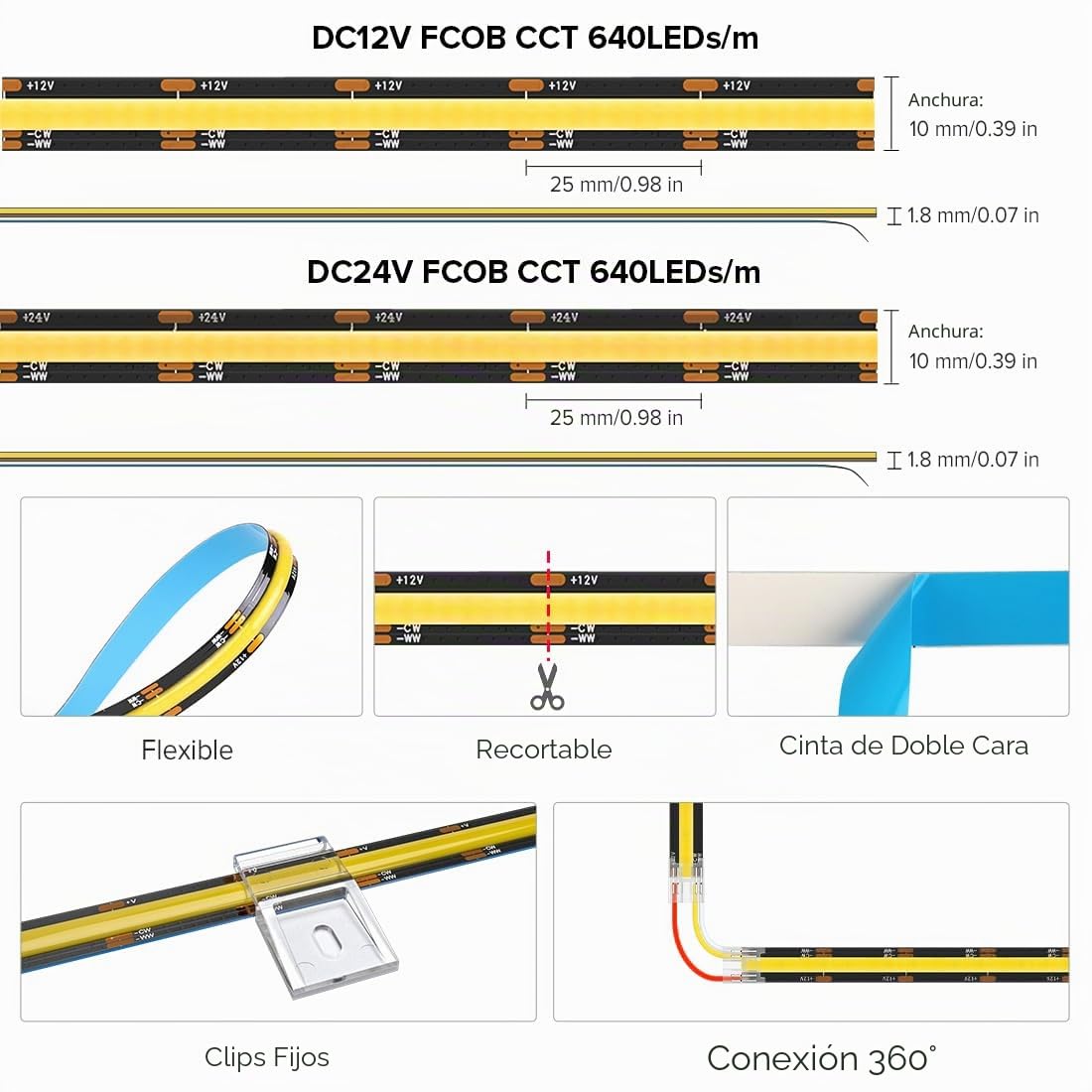 BTF-LIGHTING FCOB COB CCT Tira LED 3000K-6000K CCT Orientable DC24V 2x5M 640LEDs/m 14W/M 10mm Negro PCB Regulable Flexible Alta Densidad LED IP30 No Impermeable para Decoración Interior(Tira Solo)