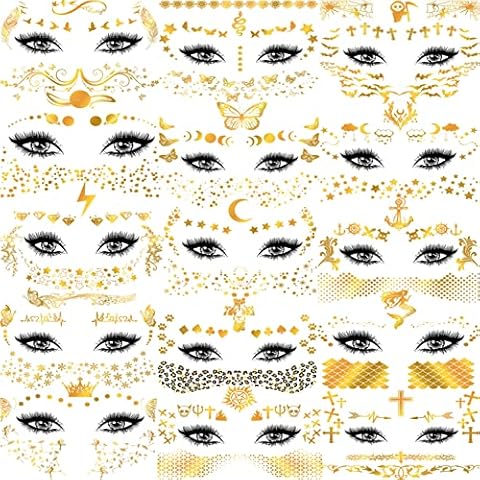 COKTAK 15 Sheets Gold Face Tattoos For Women Girls Kids Shiny Flash Glitter Eye Halloween Face Stickers Jewels Moon Gems Dots Butterfly Star Fake Freckle Metallic Temporary Tattoo Adults Makeup Party Cover