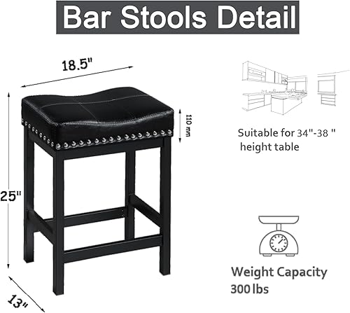 Miniatura 3 de OUllUO Taburetes de bar, juego de 2, taburetes de encimera de cocina, taburetes de silla de montar, taburetes de piel sintética azul para isla de