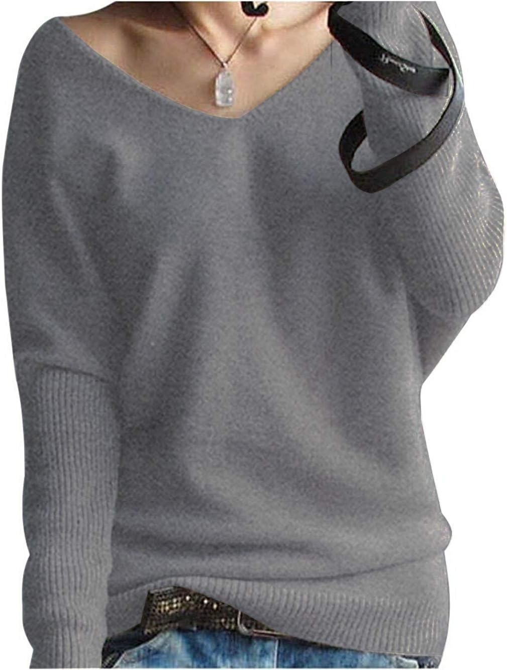 LONGMING Women's Fashion Big V-Neck Pullover Loose Sexy Batwing Sleeve Wool Cashmere Sweater Winter Tops(Grey, S)