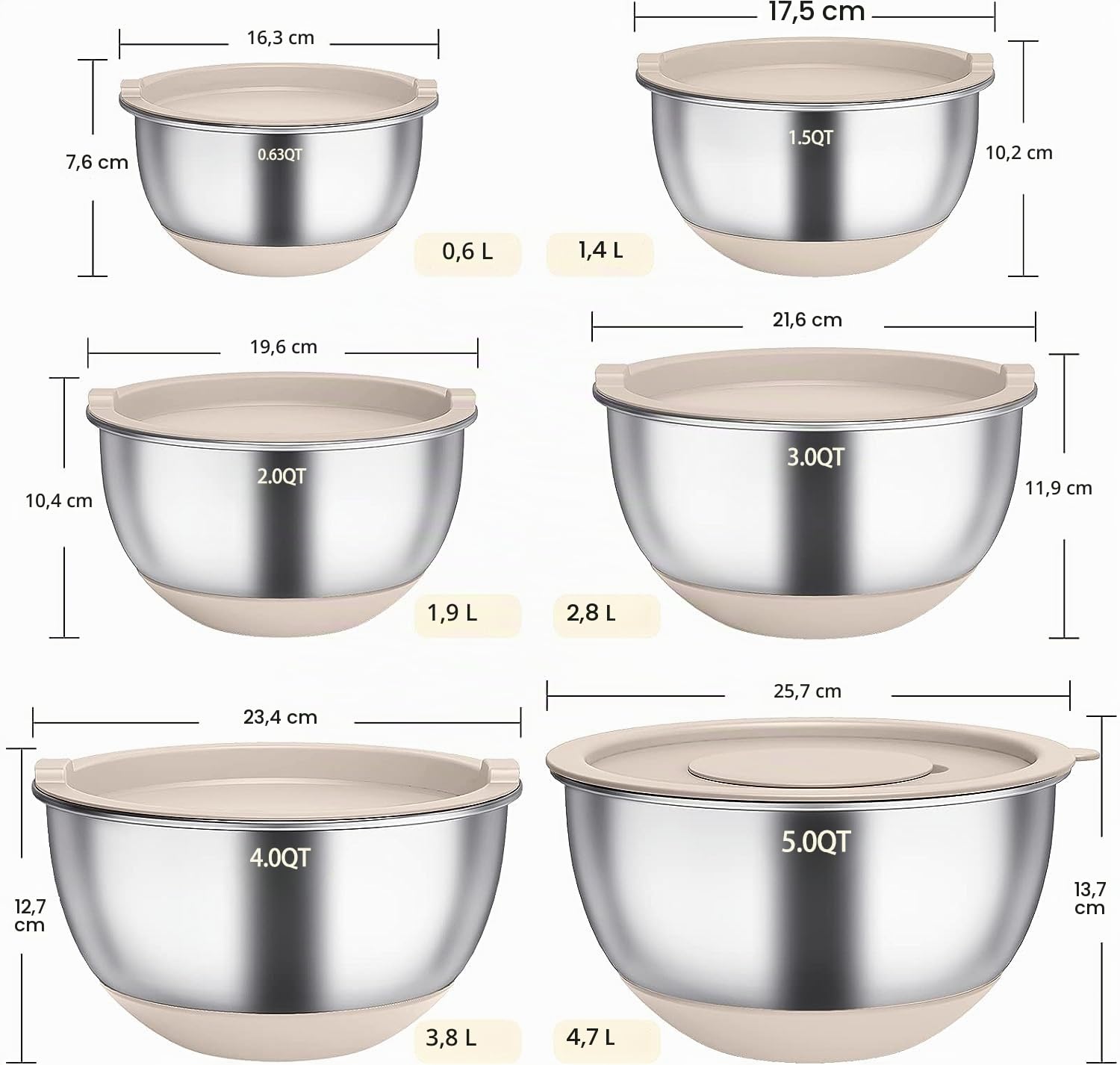Terlulu Lot de 6 saladiers en acier inoxydable avec couvercle et fond en silicone, 3 embouts de râpe, 4,7 l/3,8 l/2,8 l/1,9 l/1,4 l/0,6 l, antidérapants et empilables, kaki