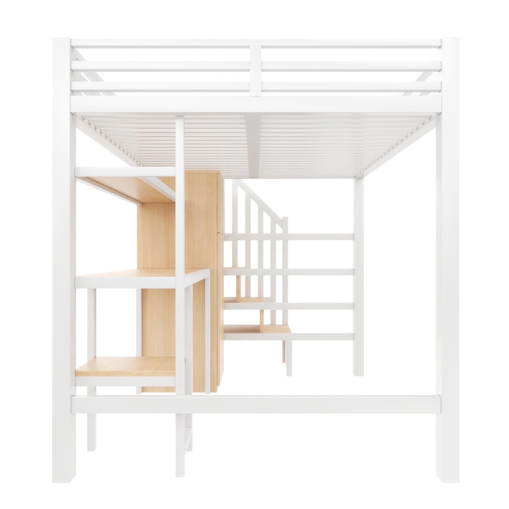 Letto a soppalco in metallo 140x200 con scrivania, mensola, armadio e scaletta contenitore, letto singolo con LED,bianco(Senza Materasso)
