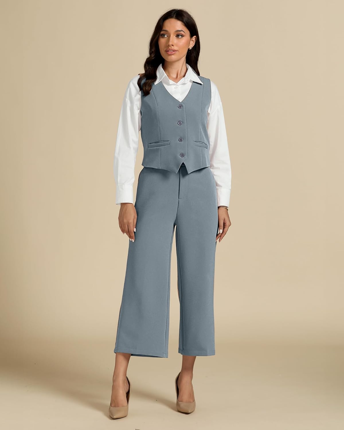 luvamia Pant Suits for Women Dressy Casual 2 Piece Sets Sleeveless Blazer Vest with Wide Leg Capri Pants Work Outfit - Image 6