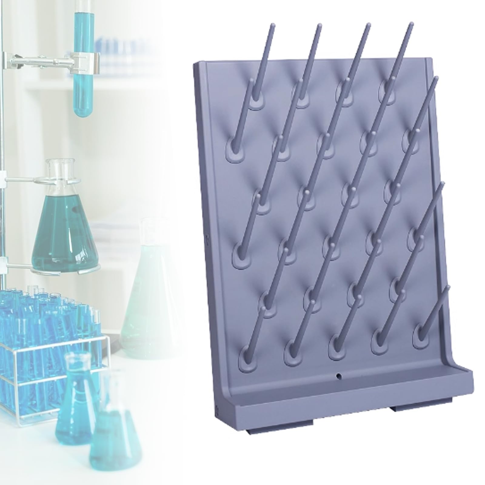 Estante de secado de laboratorio, estante de tubos de ensayo desmontable con soporte de montaje de 35 grados, barra de goteo extraíble, configurable libremente con bandeja de drenaje, tiras adhesivas