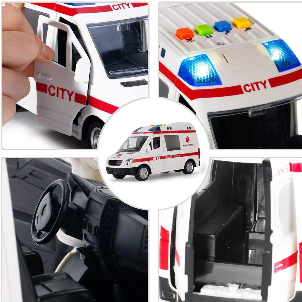 BAKAJI Ambulancia - Juguete para niños con Movimiento de Embrague, Sirena Que Funciona con Luces y Sonidos para Puertas Laterales y traseras Que se abren y se abren, camión Cuidado en Cada Detalle