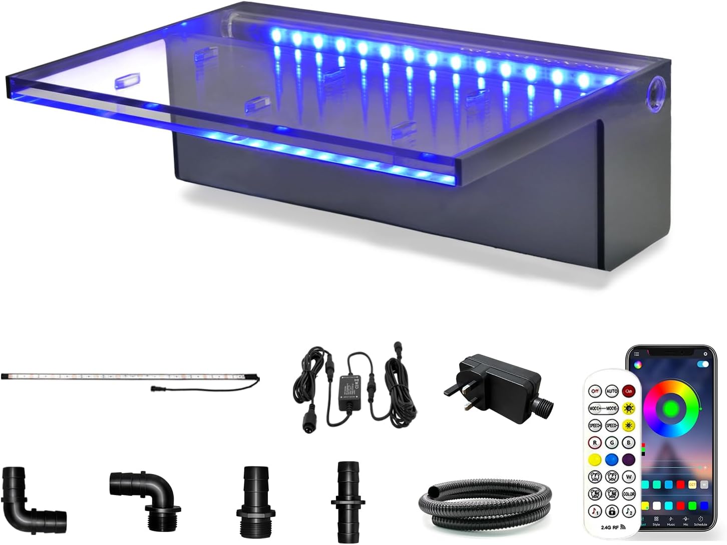 Longrun Waterfall Spillway APP Control Multi-Color LED Light Outdoor Pool Fountain 30cm, Acrylic Water Spillway Koi Pond Waterfalls Fountains Kit for Garden Patio Swimming Pool, Multicolour