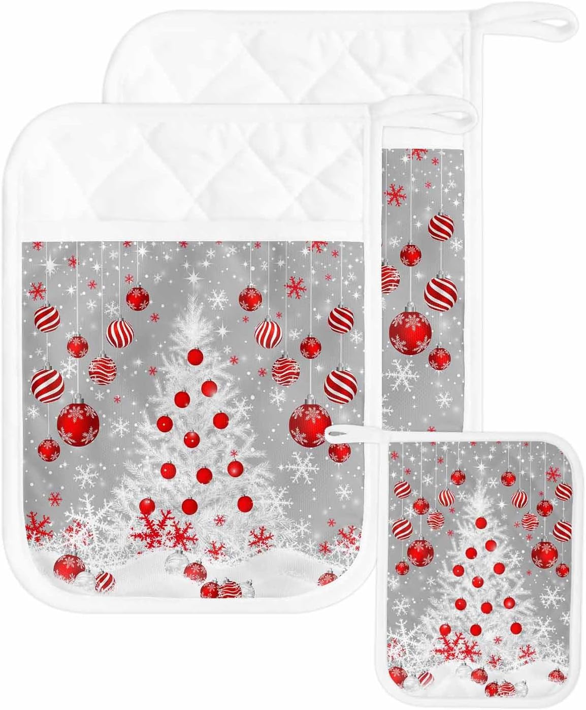 4PCS Pot Holders with Pocket for Kitchen, Grey Red Christmas Pot Holder Set Heat Insulation Potholders, Xmas Tree Snowflake Winter Oven Mitts Hot Pads for Baking Cooking Barbecue