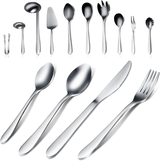 Cutlery Set Service for 8, 44 Piece Knife and Fork Set with Serving Utensils Set, Stainless Steel Tableware with Spoon Knife and Fork, Dishwasher Safe, Mirror Polished