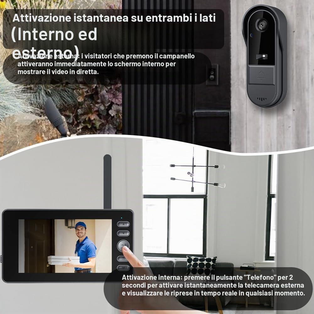 1080P Campanello senza fili con telecamera con schermo da 4,3" Videocitofono esterno impermeabile citofono senza WiFi connessione Bluetooth 2.4G l'interno può svegliare il campanello esternoVedere