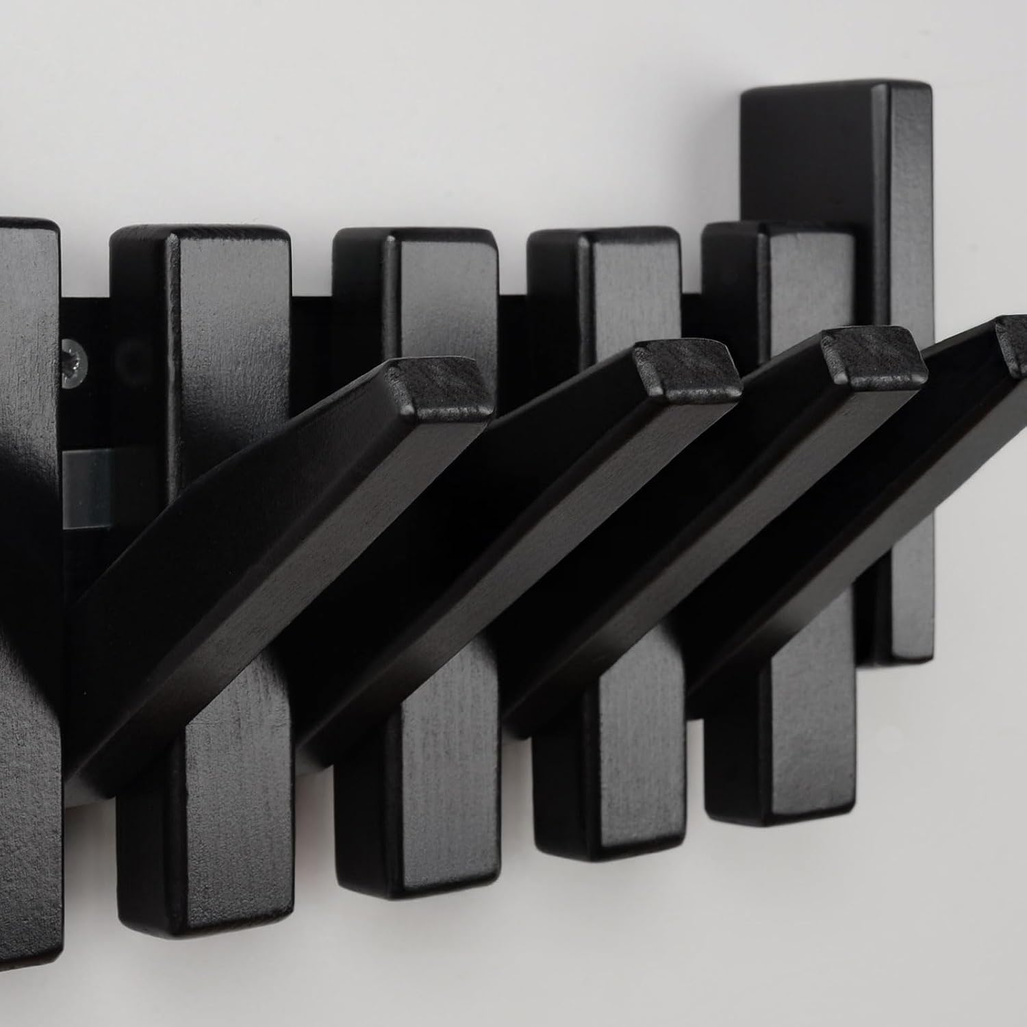 Piano Key Coat Rack – 4-Hook Wall-Mounted Hanger in Beech, Black – Solid Wood Organizer with Flip Hooks for Entryway, Bedroom, Bathroom