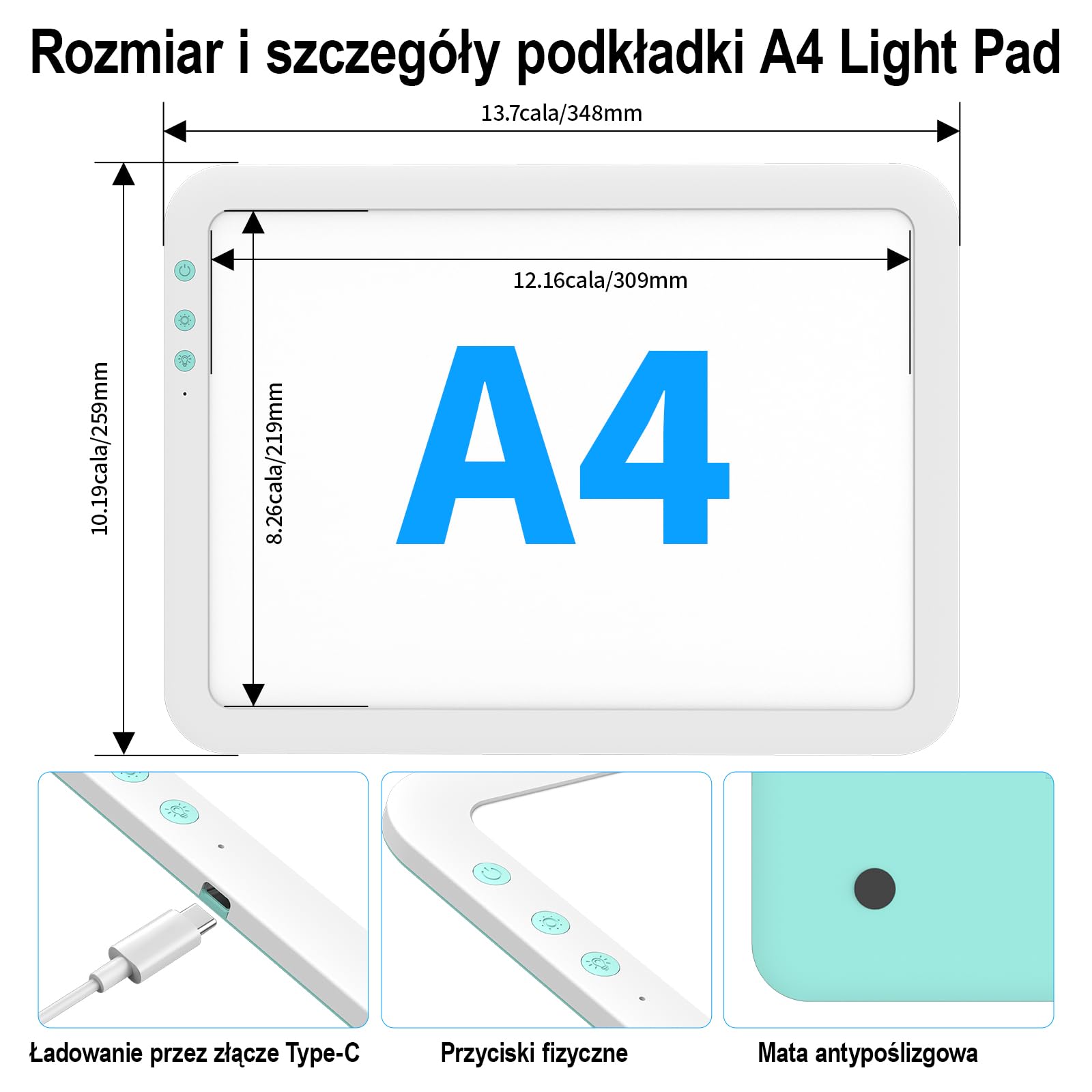 TOHETO A4 ładowana super jasna podkładka świetlna LED z torbą do przenoszenia Cricut Narzędzie winylowe, przenośna bezprzewodowa tablica oświetleniowa 3500 mAh do śledzenia, malowania diamentowego,