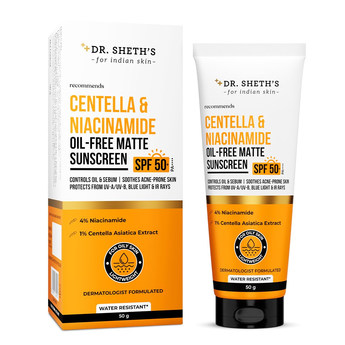 Dr. Sheth's Centella & Niacinamide Oil-Free Matte Sunscreen SPF 50+ PA++++ | In-Vivo Tested | Controls Excess Oil & Sebum | Soothes Acne Prone Skin | Lightweight & Non Greasy | For UVA/UVB, Blue Light & IR Protection | No white cast | For Oily Skin | For Men & Women | 50 g-image-23