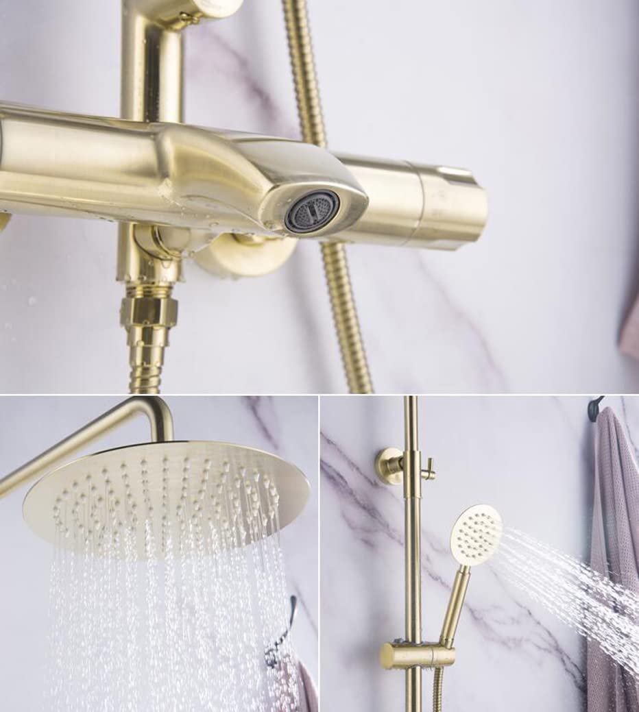 Sistema Doccia, rubinetti termostatici a Parete in Oro Spazzolato, Miscelatore deviatore in Ottone per Bagno con soffione a Pioggia da 8 Pollici e doccetta, Lusso S