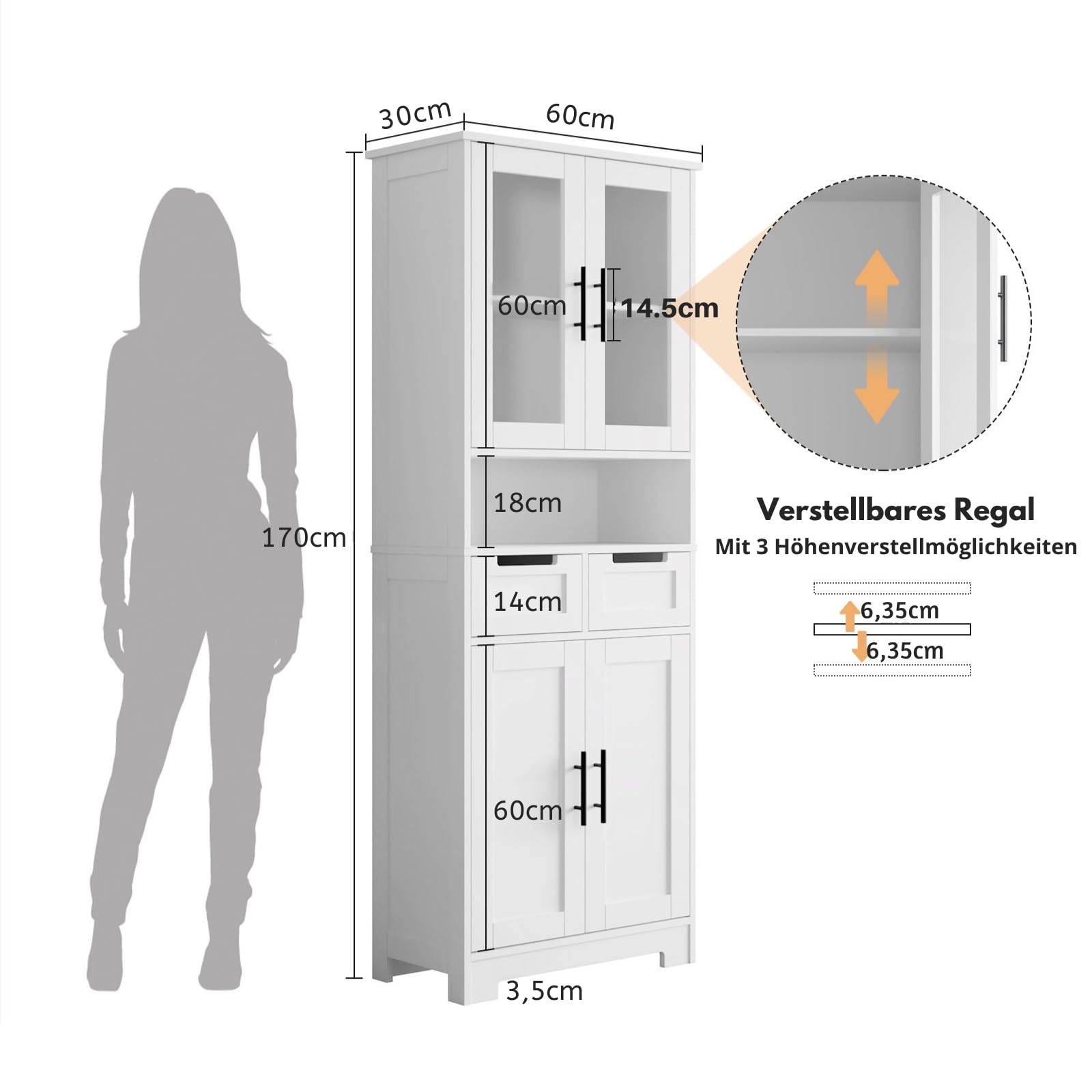 LEADZM Küchenschrank Hochschrank, Vitrinenschrank mit 4 Türen Buffetschrank für Küche, Wohnzimmer, Esszimmer (4 Türen)