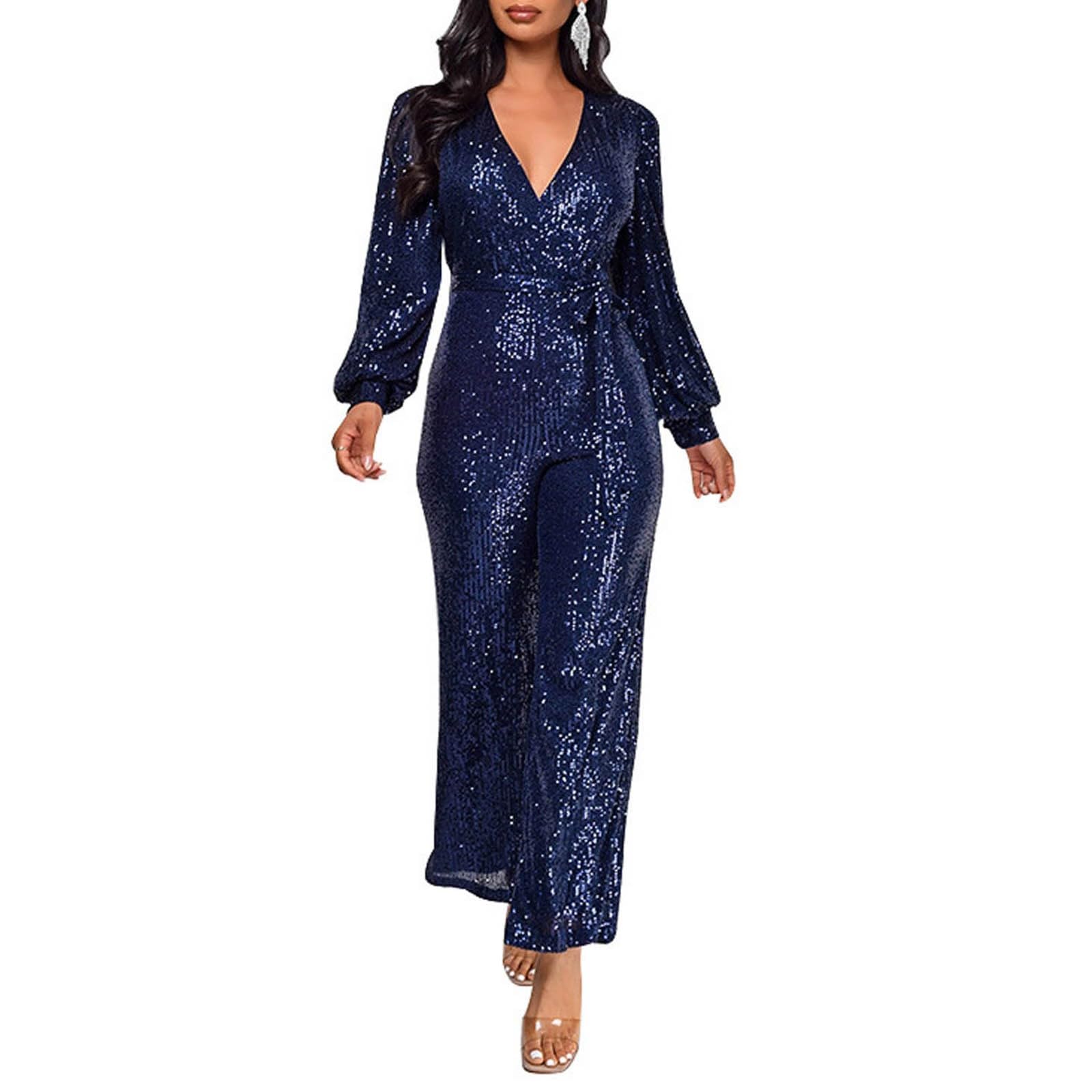 Body da donna con paillette, elegante, con cintura, tuta, tuta, con glitter, pantaloni larghi a maniche lunghe, scollo a V, body lungo