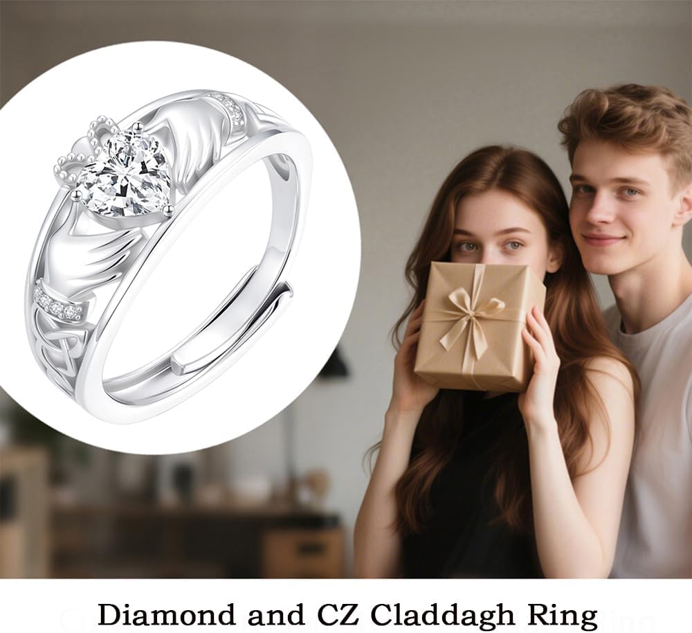 Diamond and Gemstone Claddagh Ring for Women 925 Sterling Silver Celtic Knot Heart Birthstone Rings Irish Engagement Wedding Promise Band, Adjustable Size 7