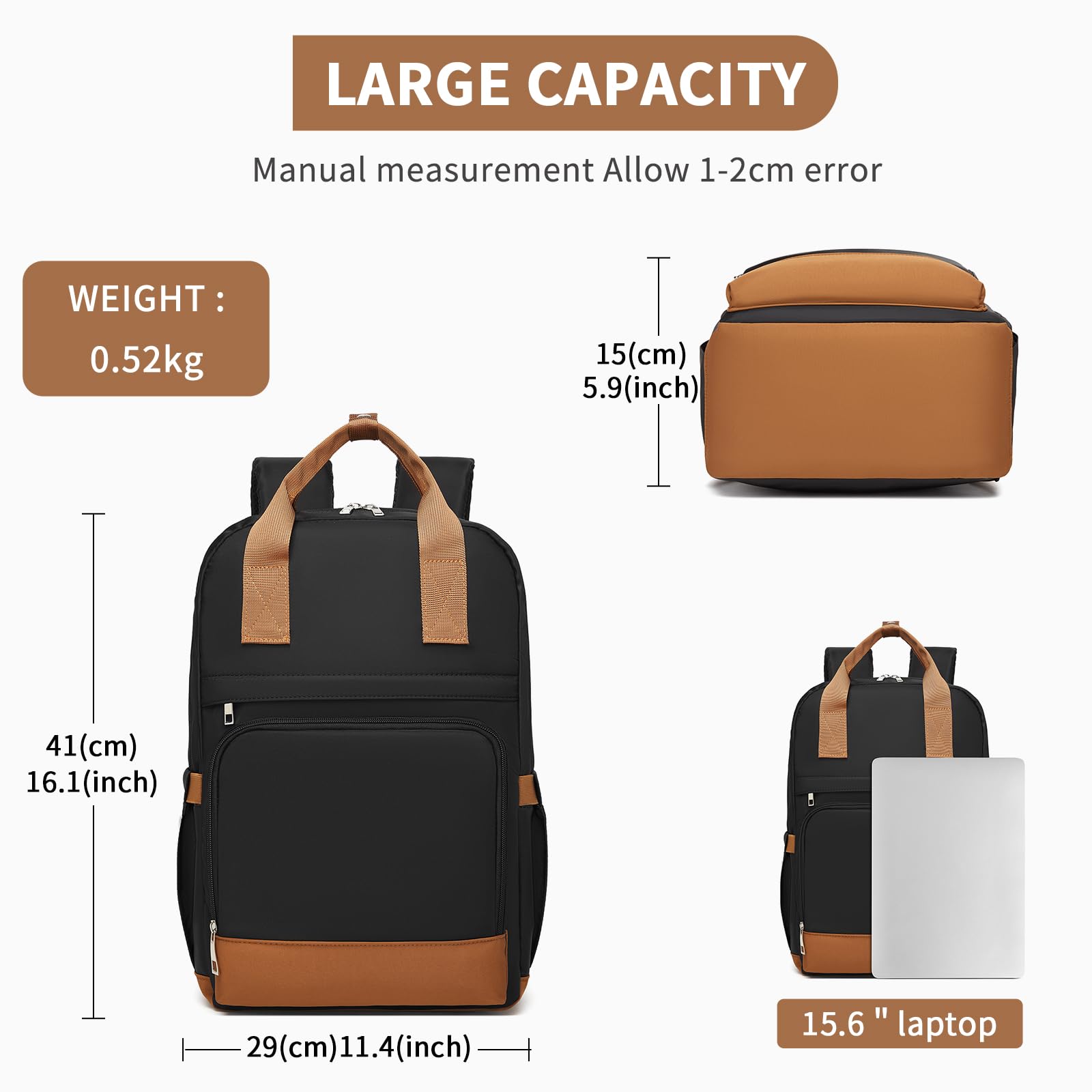 KONO Zaino Donna Porta PC 15,6 Pollici, Impermeabile e Antifurto con Porta USB di Ricarica, Grande Capacità per Università, Lavoro e Viaggio (Nero/Marrone)