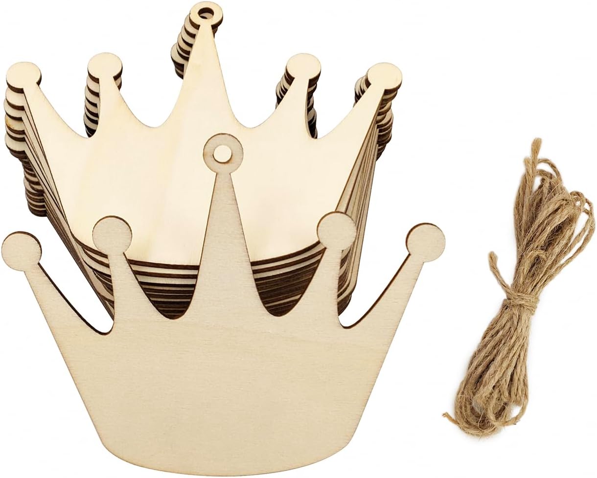32 Pack Wood Crown Cutouts Unfinished Wooden Crown Hanging Ornaments DIY Crown Craft Gift Tags for Thanksgiving Christmas Home Party Decoration Craft Project