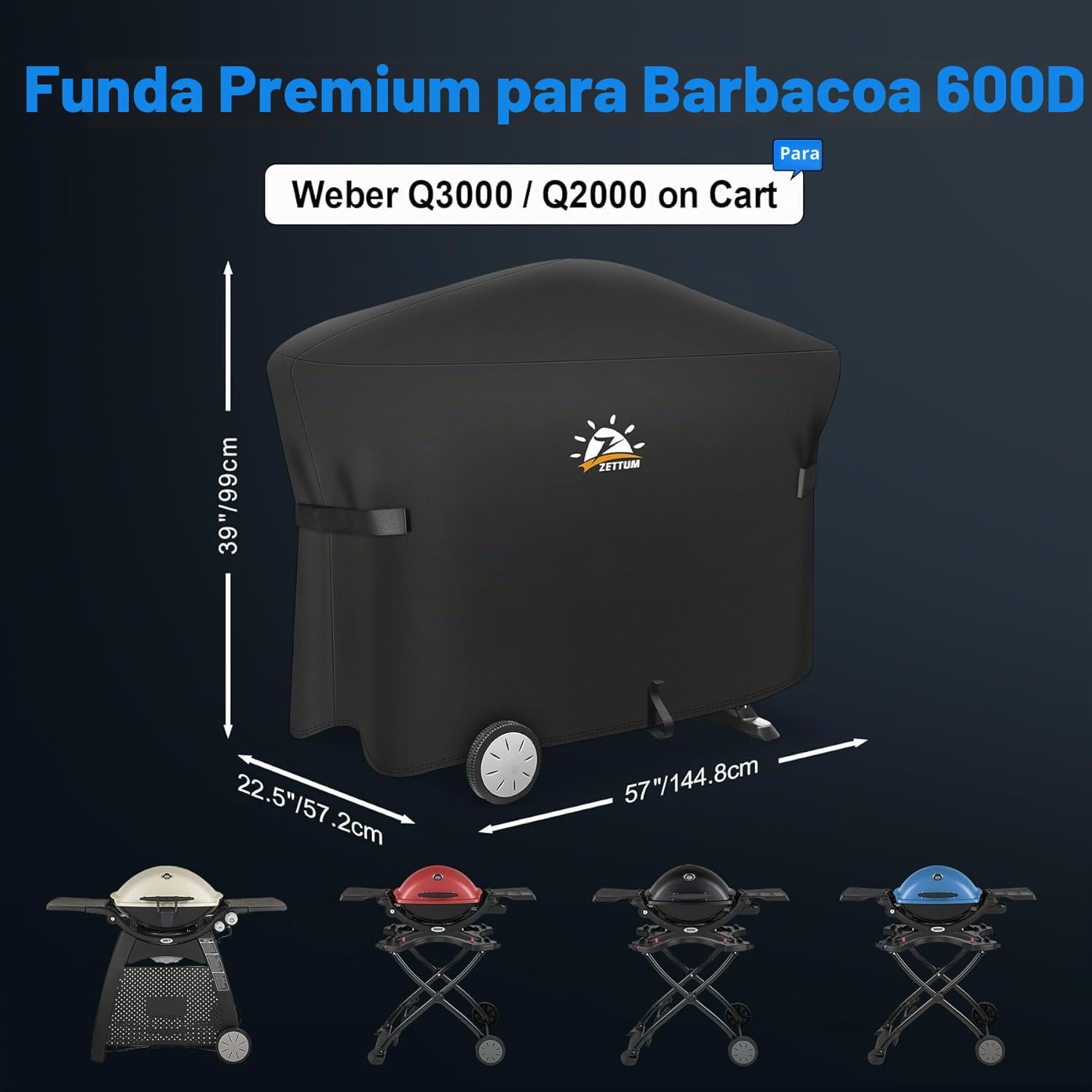 Zettum Fundas para barbacoas Exterior de Weber Q2000/3000 Serie, 7112 Fundas para barbacoas, Cubierta BBQ de Parrilla 600D Oxford Protector Impermeable e Resistente (144 L x 57 W x 99 H CM)