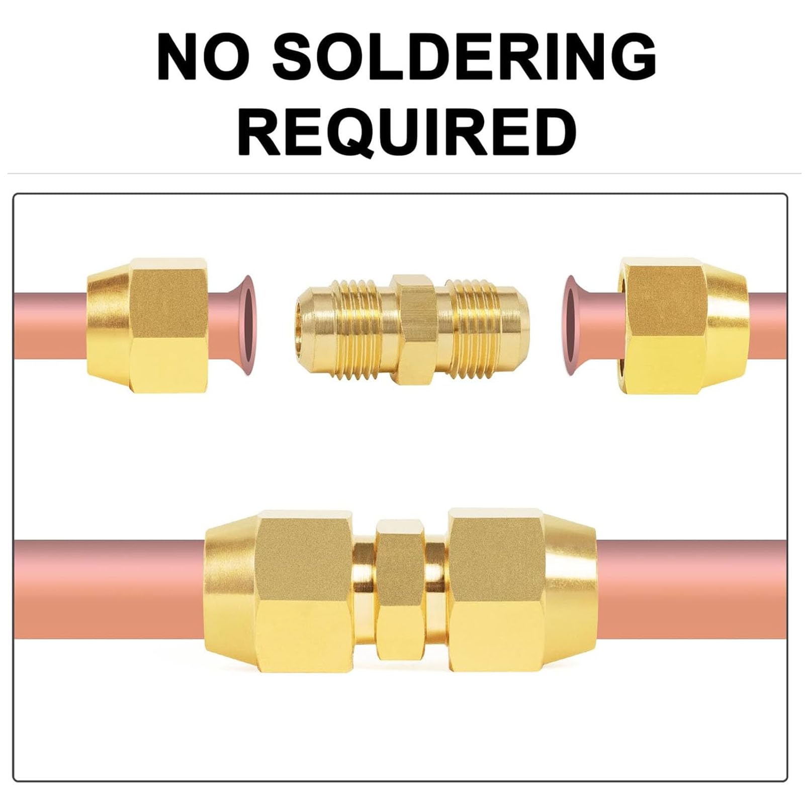 Bördelrohrverschraubung, Messing, 3/8-Zoll-Mutter, Klimaanlage, Kupferrohr, Rohrverlängerung, 10 Stück, hochdruckbeständig, langlebig für HVAC-Systeme,