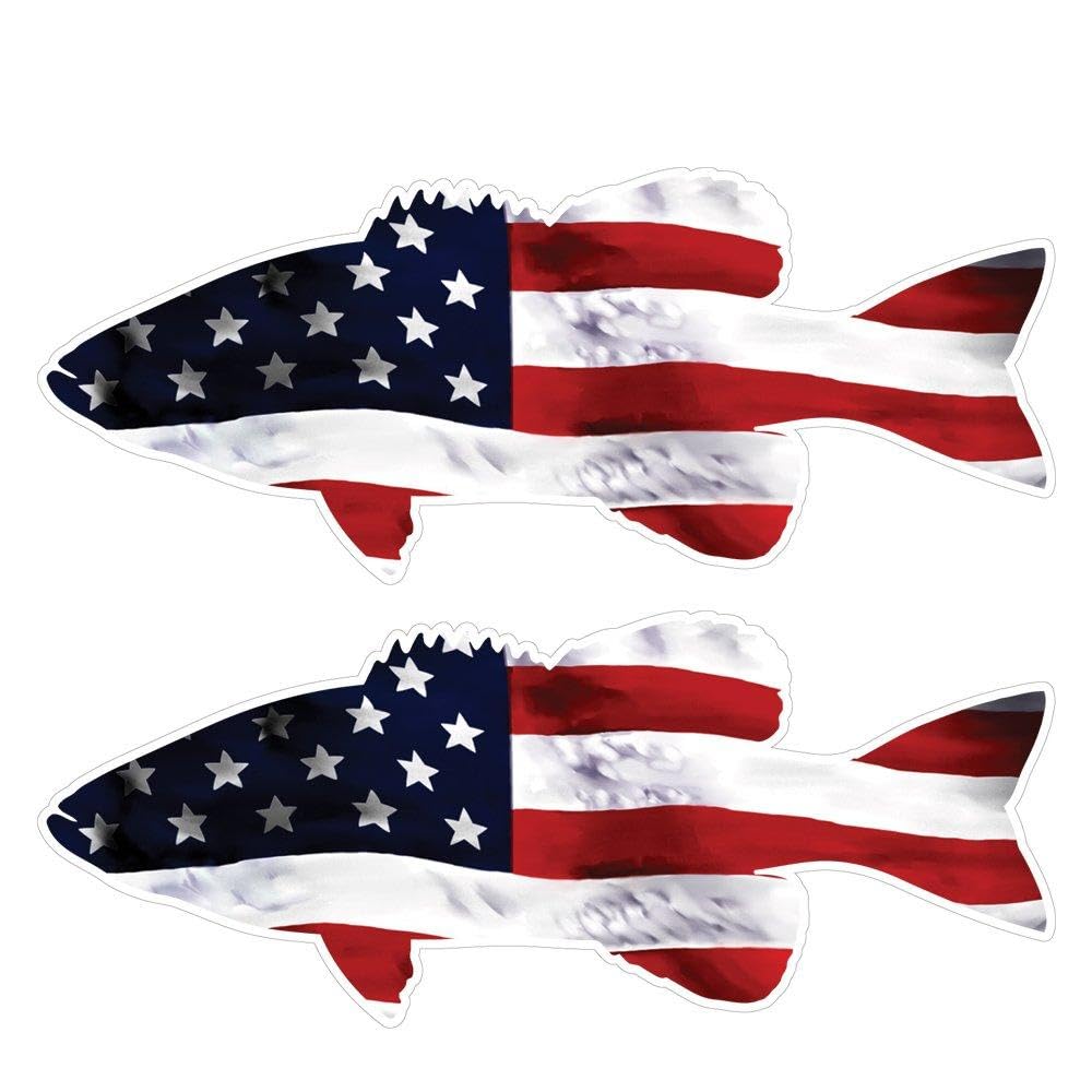 USA Bass Fish Decal Sticker Set - Flag Fishing Car Truck Bumper Sticker