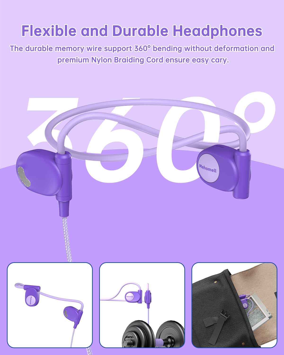 Mehomeli Cuffie per bambini per scuola, cuffie a conduzione d'aria, jack da 3,5 mm, cavo cablato, ultra confortevoli, design ergonomico e leggero, perfette per scuola e attività all'aperto, viola