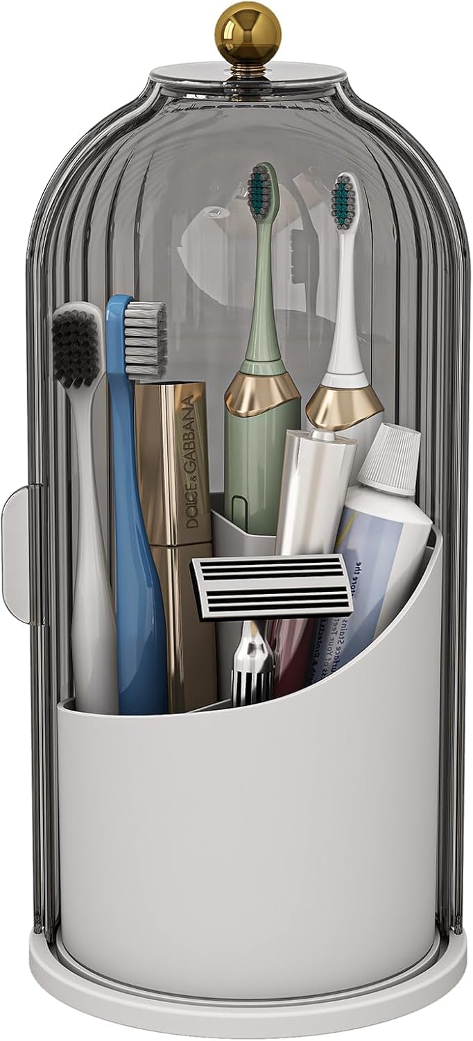 Toothbrush Holder with Lid Bathroom Organizer Countertop, Rotating 3 Slots Electric Tooth Brush Toothpaste Holder Bathroom Counter Stand Sink Organizer Caddy for Vanity Makeup Brushes (Grey)-image-10