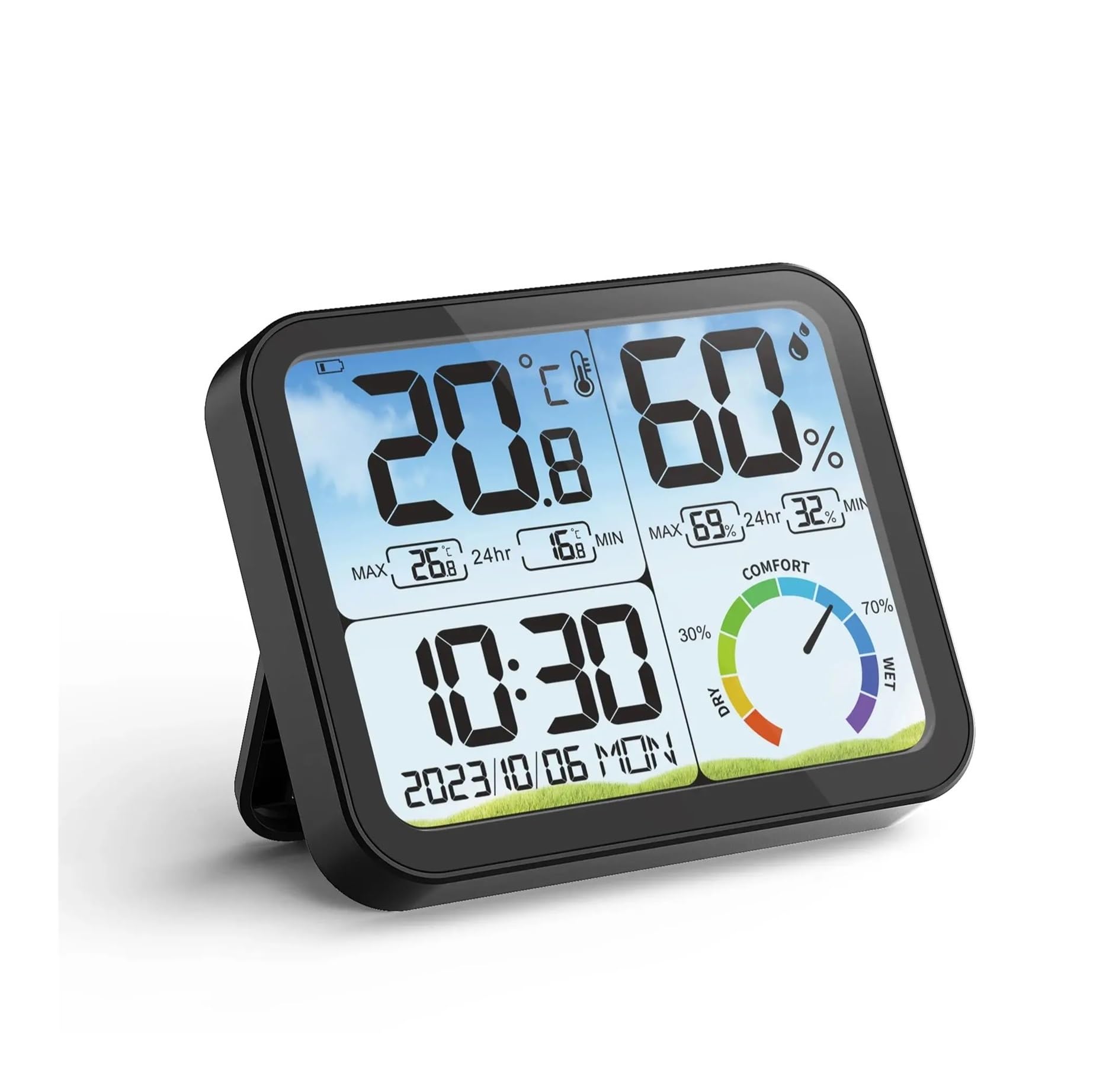 Miernik temperatury i wilgotności LCD ze wskaźnikiem temperatury, ładowaniem przez USB, funkcją daty/zegara, termometrem wewnętrznym, stacją pogodową Prognoza pogody