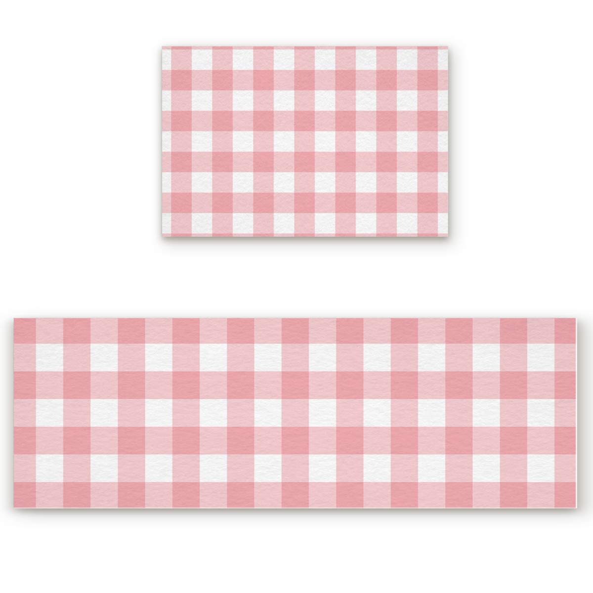 Valentine's Day Kitchen Rug Sets 2 Piece Buffalo Plaid Check Non Slip Floor Mats Comfort Soft Absorb Cushioned Standing Valentines Doormat Runner Rugs Pink White (19.7x31.5+19.7x63 inch)