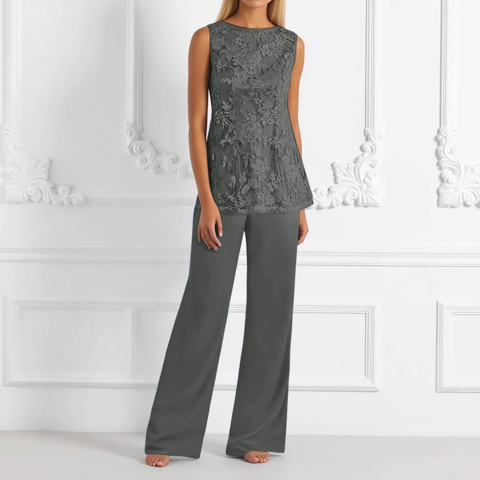 Generisch Tuta da donna in 3 pezzi, per il tempo libero, elegante, in pizzo, a maniche lunghe, cardigan e pantaloni, in chiffon, per matrimonio, cocktail, abito da sera