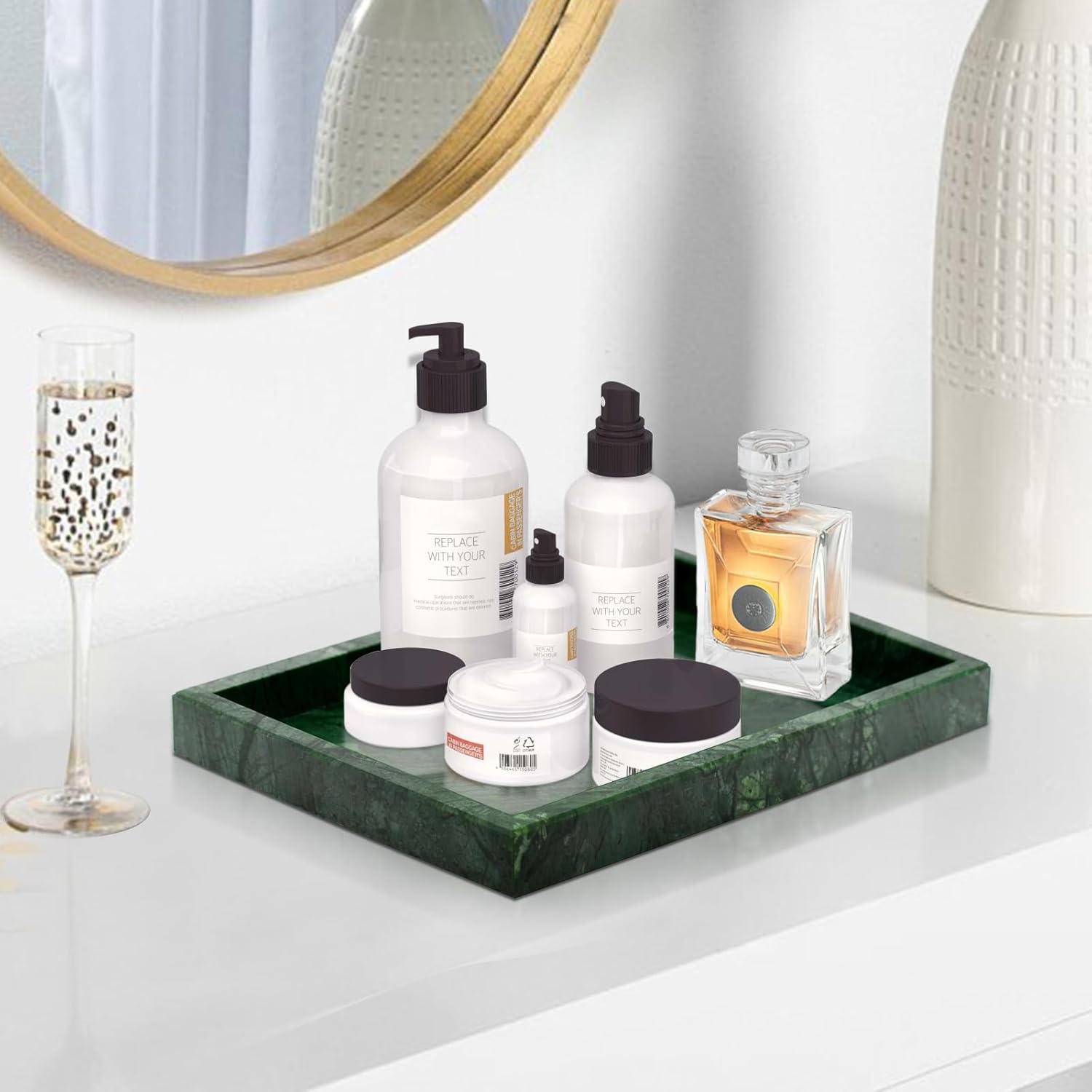 Green Marble Tray & Green Marble Toothbrush Holder Set - Modern Bathroom Organizer