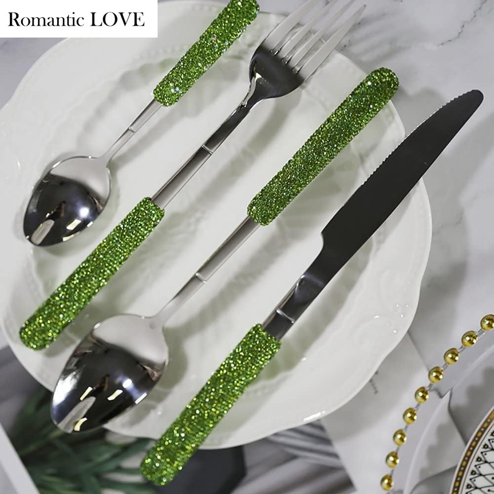 Romantic LOVE Lussuoso Set Di Posate in Acciaio Inossidabile Con Manico A Diamante Da 4 - Posate Esclusive Per Donna, Regali Di Compleanno, Regali Di Natale Per I Nuovi Arrivati (Verde)