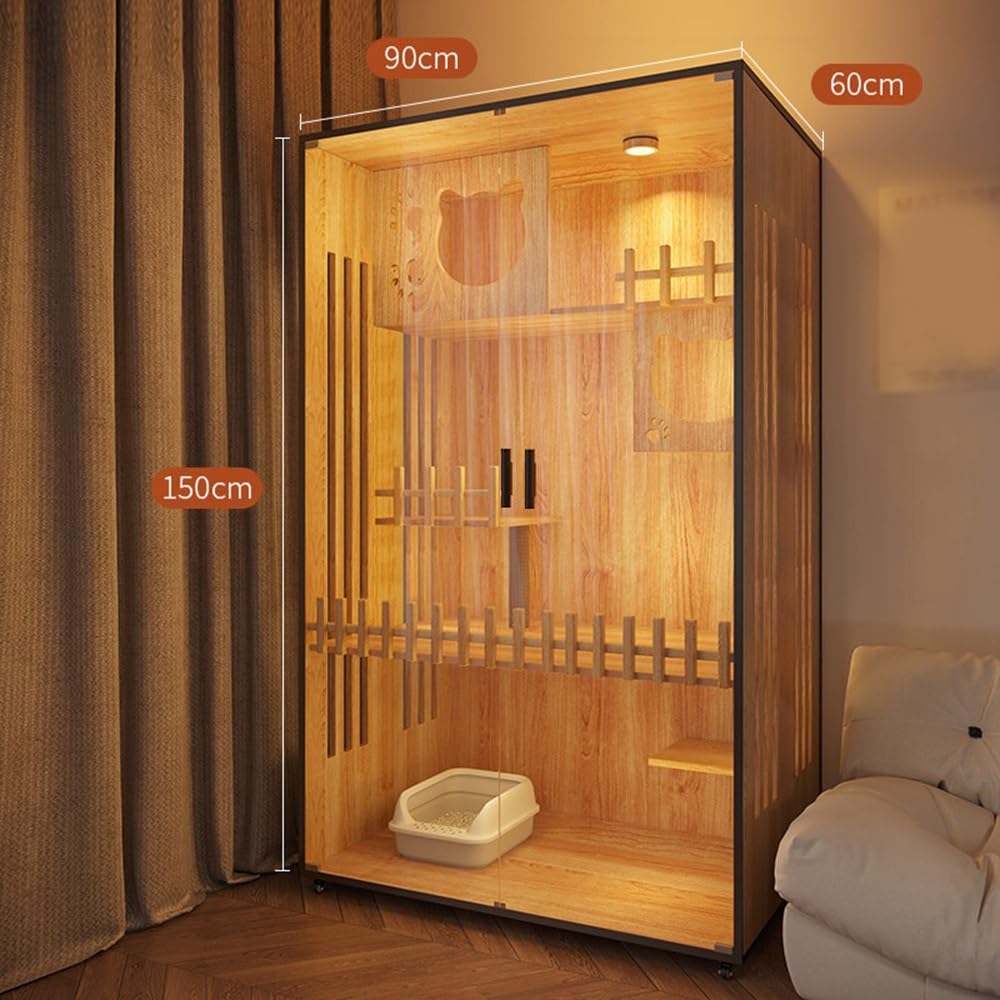 villa per gatti Recinto for gatti grande in legno con luce LED e ruote Per interni(Piccolo)